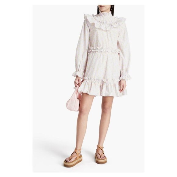 GANNI Dress Ruffled Floral Cotton Pale Pink DE 40 US 10 Dolly Coquette NEW - Picture 1 of 16